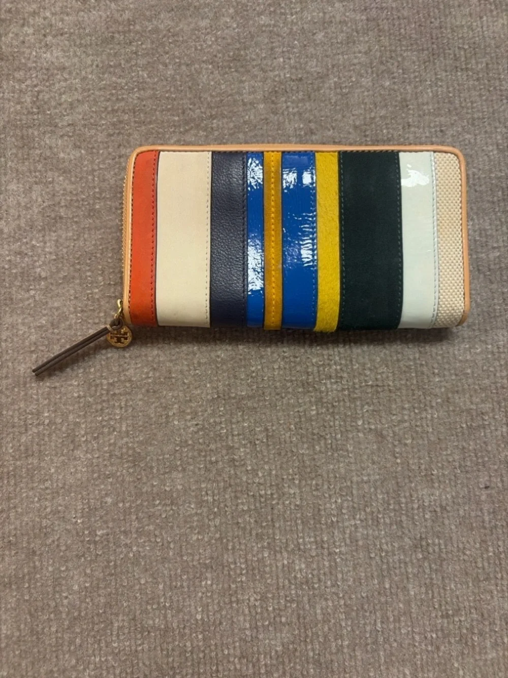 Tory Burch Zip Around Wallet Multicolor Stripe Patchwork Leather Wallet